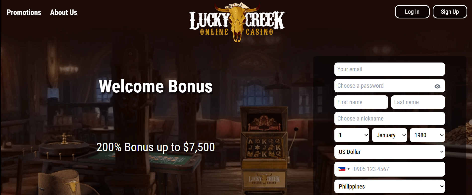 Snapshot of Lucky Creek western-themed casino for slot players